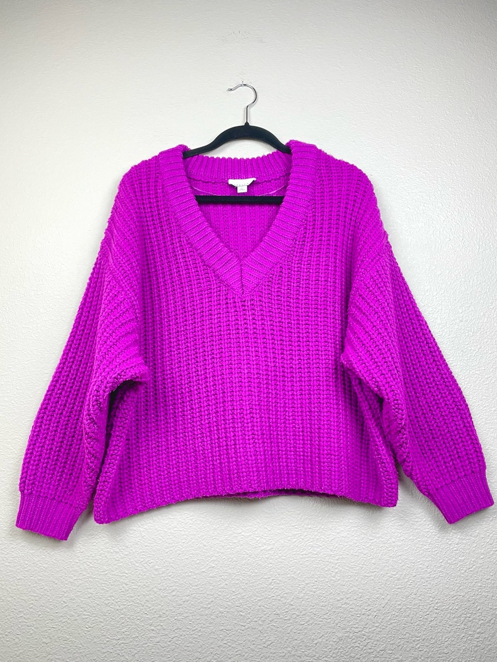 Topshop Women's 12 Magenta Pink Chunky Knit V-Neck Cropped Sweater Pullover